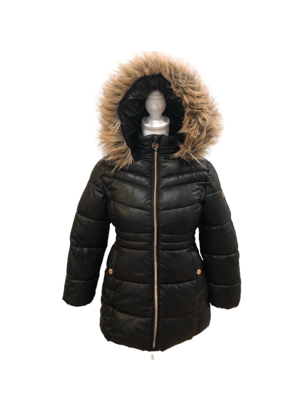 Michael Michael Kors black puffer coat with hood faux fur zipper front. Sz 7/8